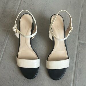 White & Black Leather Block Heel Sandals